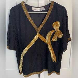 Vintage 100% silk sequin beaded blouse black gold bow Laurence Kazar large rare